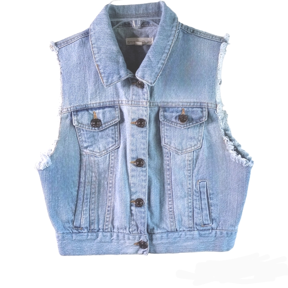 Distressed Light Wash Denim Vest - Size M